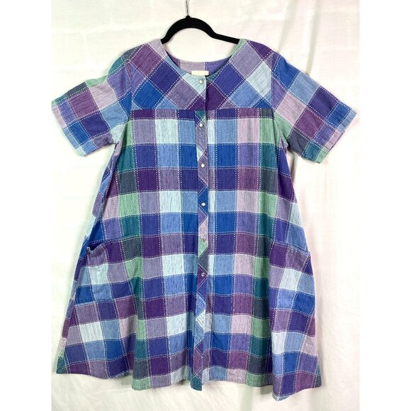 Roamans Vintage Blue and Purple Plaid Pearl Snap Front Dress Med - Picture 1 of 5